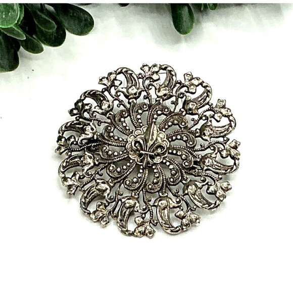 Vintage Textured Filigree Floral Burst Statement Brooch Silver Tone - Picture 1 of 5